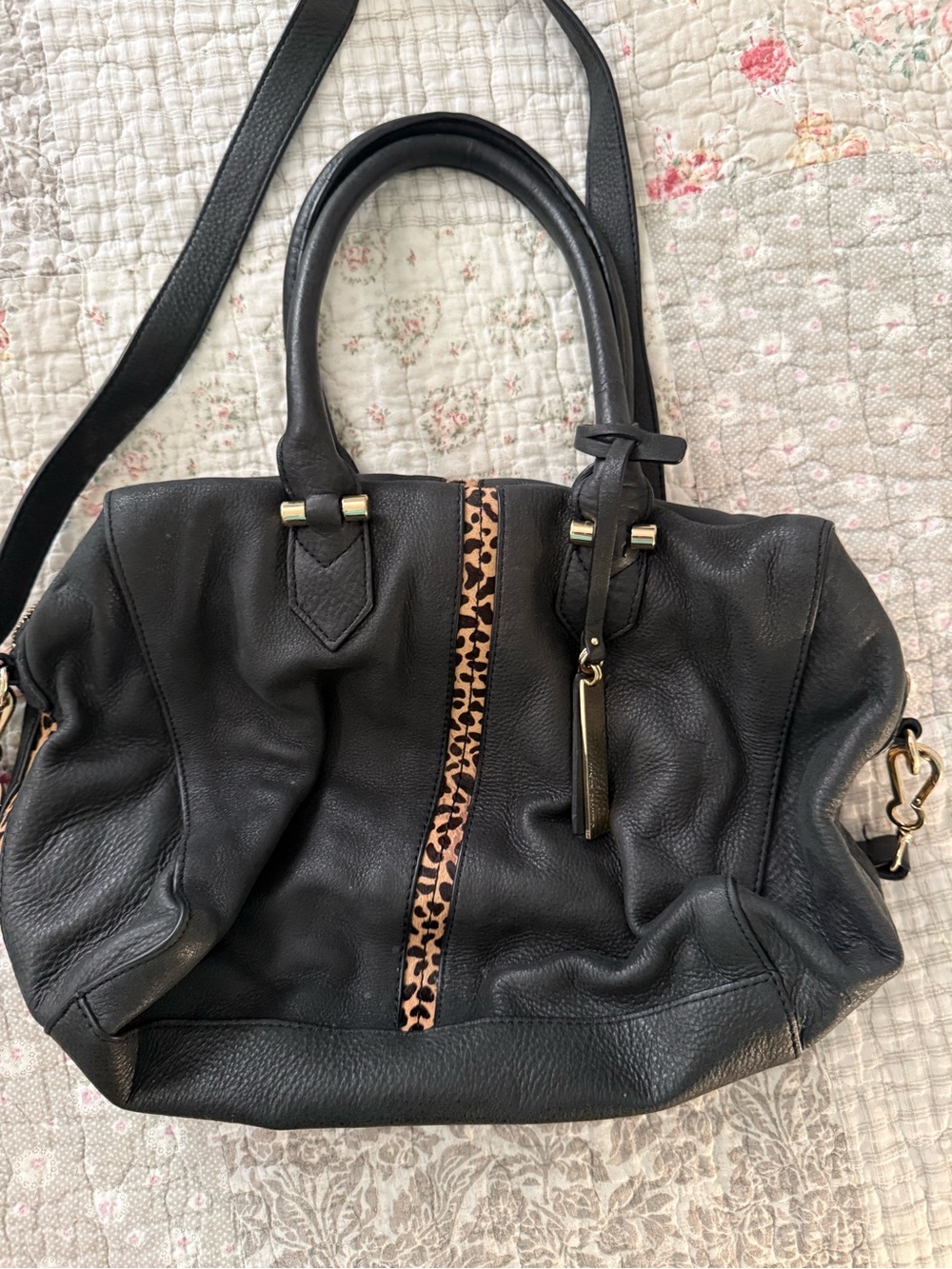 Vince Camuto Black Leather Tote with Leopard Accent
